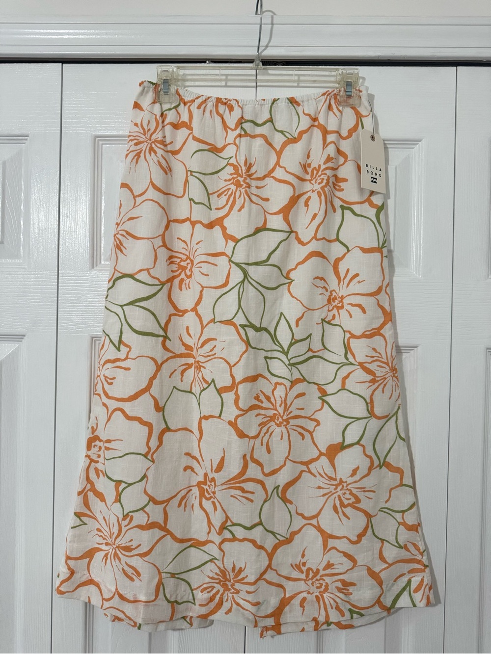 BILLABONG White Floral Midi Skirt in Orange & Green